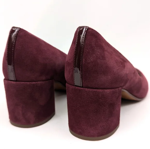 Margeaux The Heel Suede Pump Block Heel Patent Leather Accents Burgundy 38.5/8.5 - Picture 2 of 15